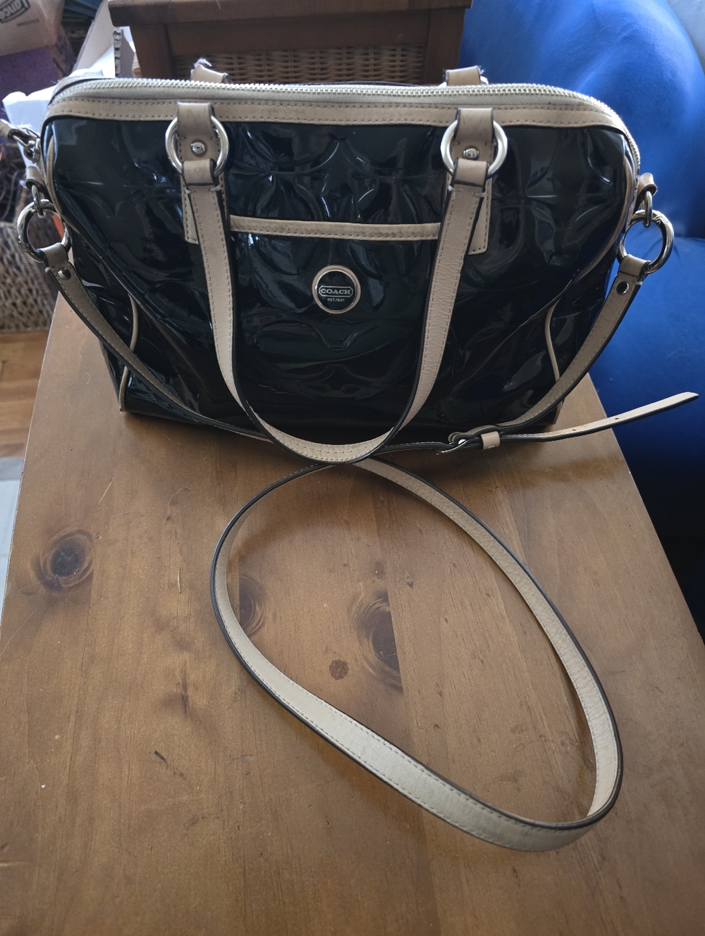 Coach Black Patent Tote with Cream Leather Trim